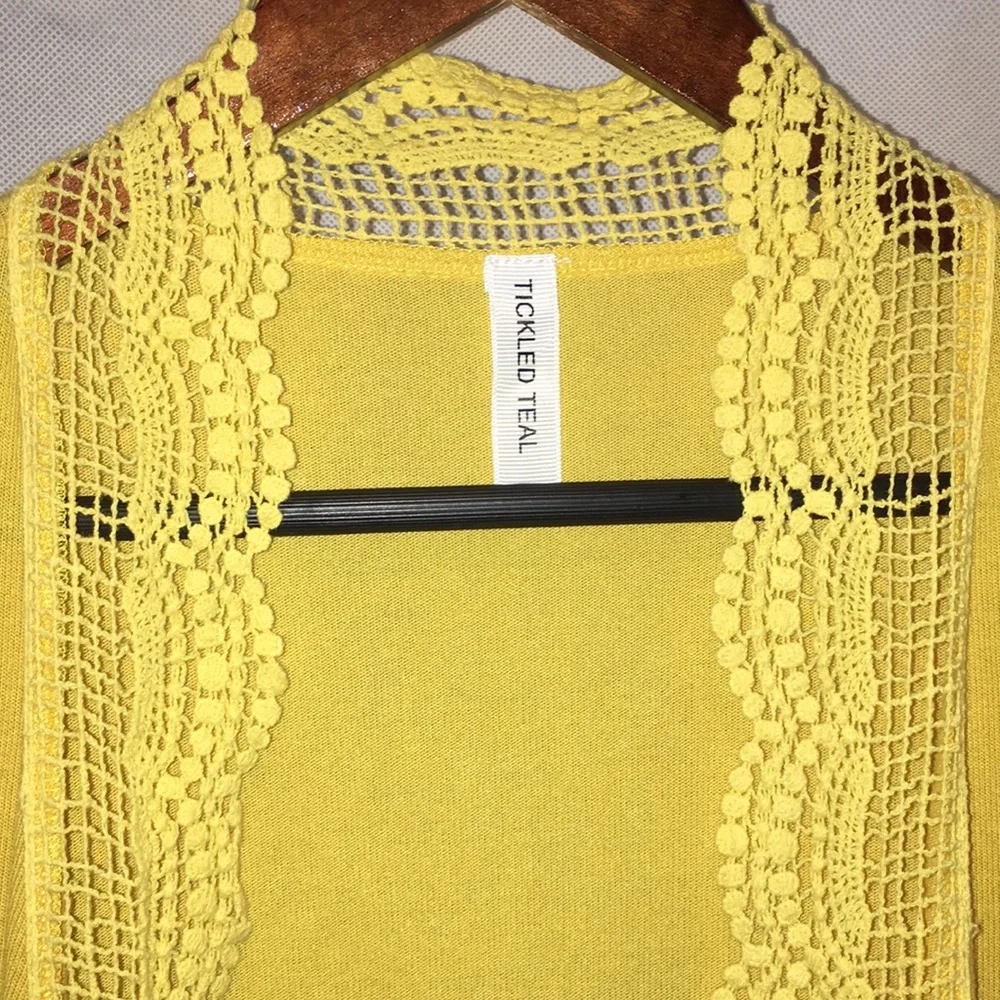 Tickled Teal Lace Trim Open Front Below The Knee Cardigan | Mustard Yellow | M